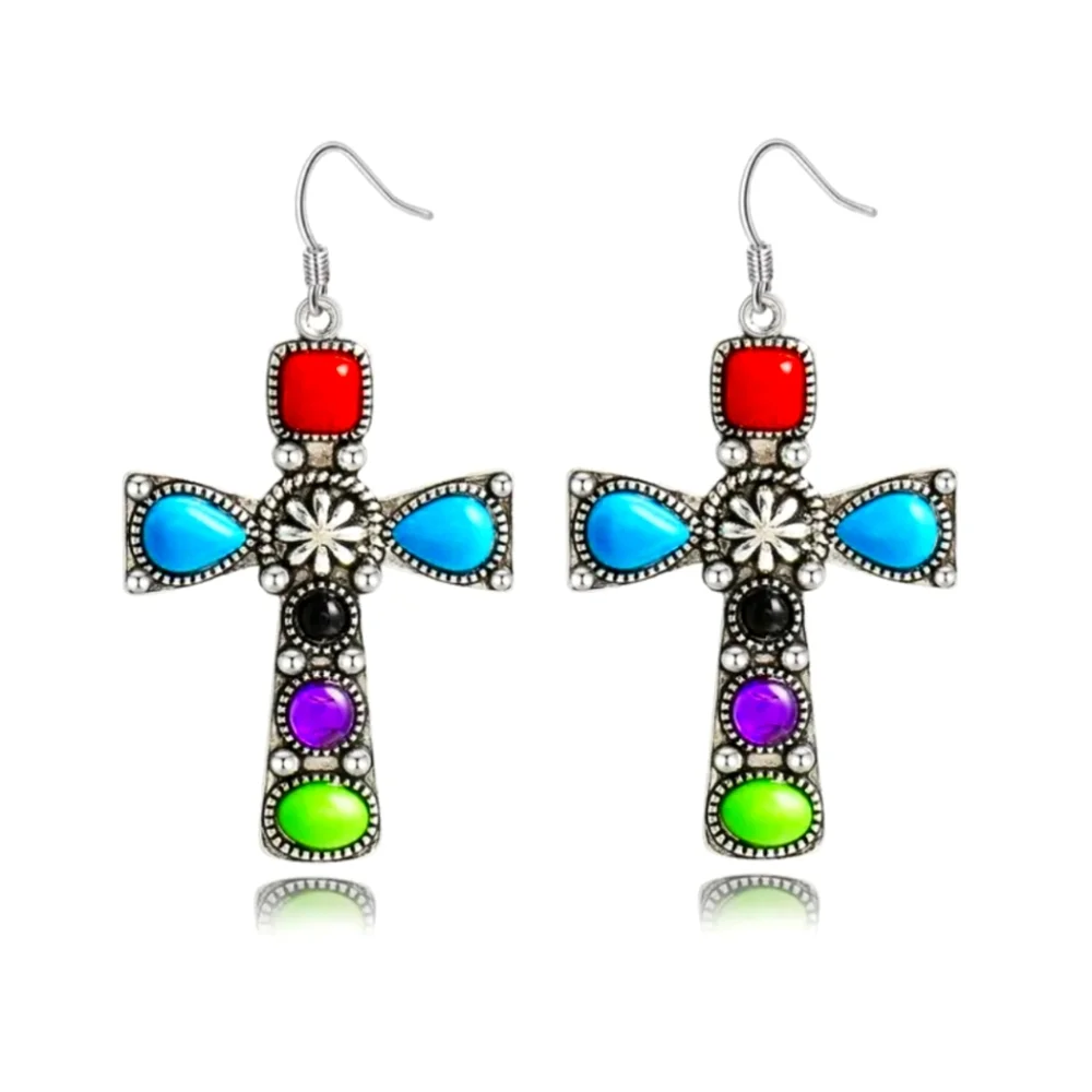 Gorgeous Boho Cross dangle earrings Stunning Stone Embellishments - Picture 1 of 5